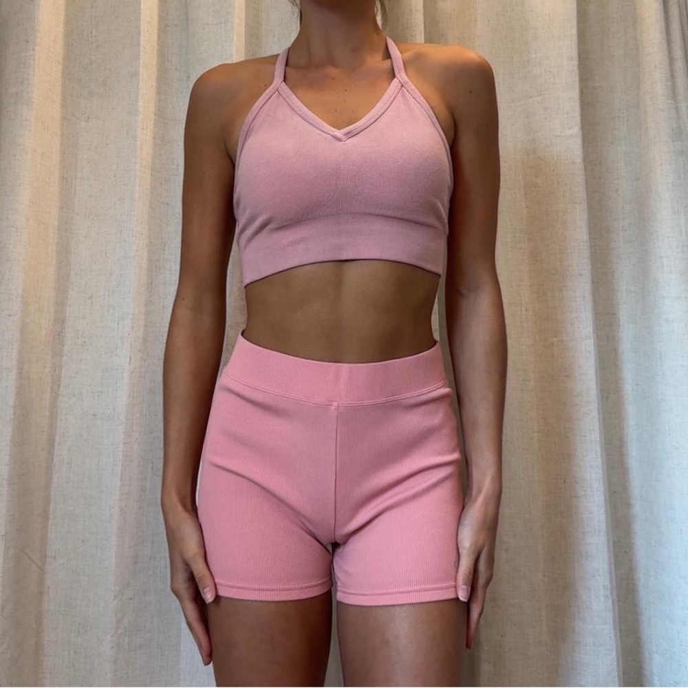 EUC ALO YOGA SEAMLESS DELIGHT BRA & RIBBED BIKER SHORTS